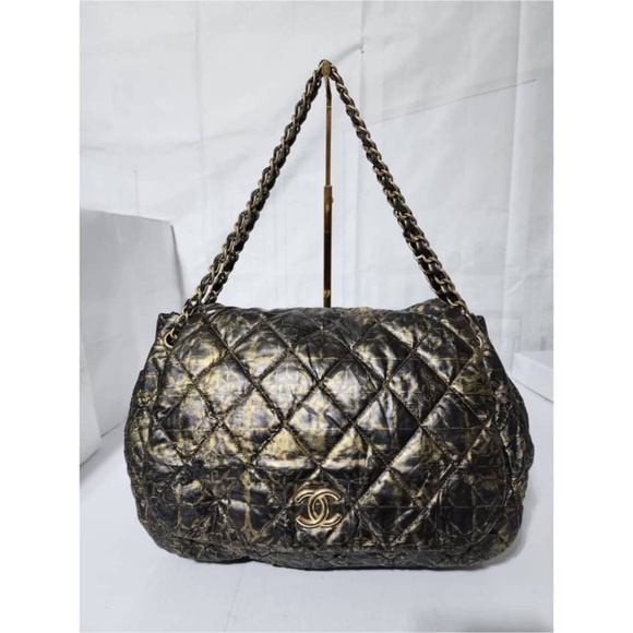 Authentic CHANEL Nylon Printed Quilted Accordion Flap Shoulder Bag Black/Gold - Picture 1 of 16